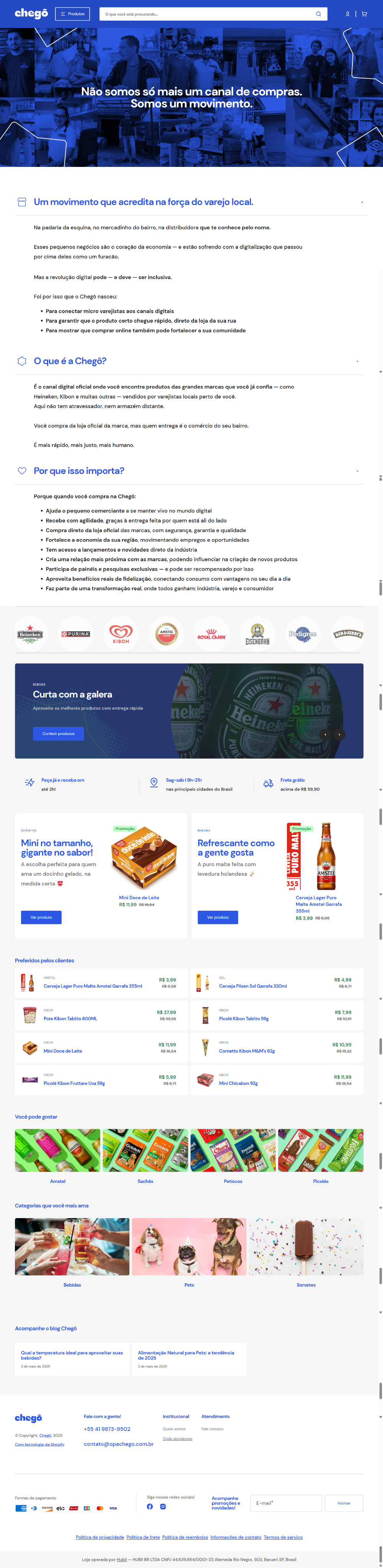 Captura de tela do site da Chegô em um navegador simulado. No topo, logos de marcas conhecidas como Heineken, Purina e Kibon. Em destaque, um banner com garrafas de Heineken e o texto “Curta com a galera – Aproveite os melhores produtos com entrega rápida”, seguido de um botão “Conferir produtos”. Abaixo, ícones informam: entrega em até 2h, funcionamento de seg a sáb, e frete grátis acima de R$ 59,90. Produtos em promoção aparecem na sequência. Interface visualmente limpa e voltada para conveniência.